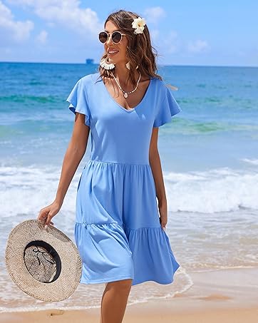 Casual Summer Swing Short Sleeve V Neck Ruffle Tiered Mini Dress