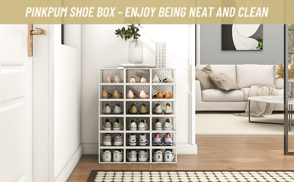 Pinkpum 12 Pack Shoe Storage Boxes, Shoe Organizer for Closet Clear