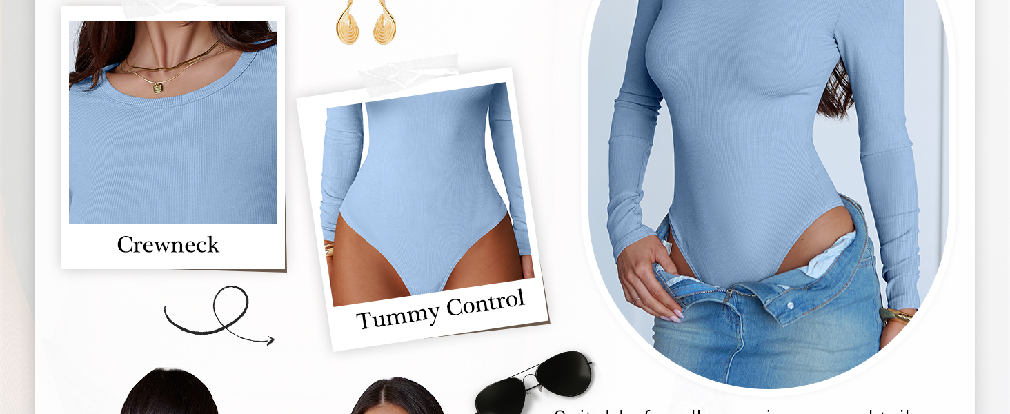 Women Long Sleeve Crew Neck Bodysuits Top TShirts Sexy Solid Trendy Clothes Outfits