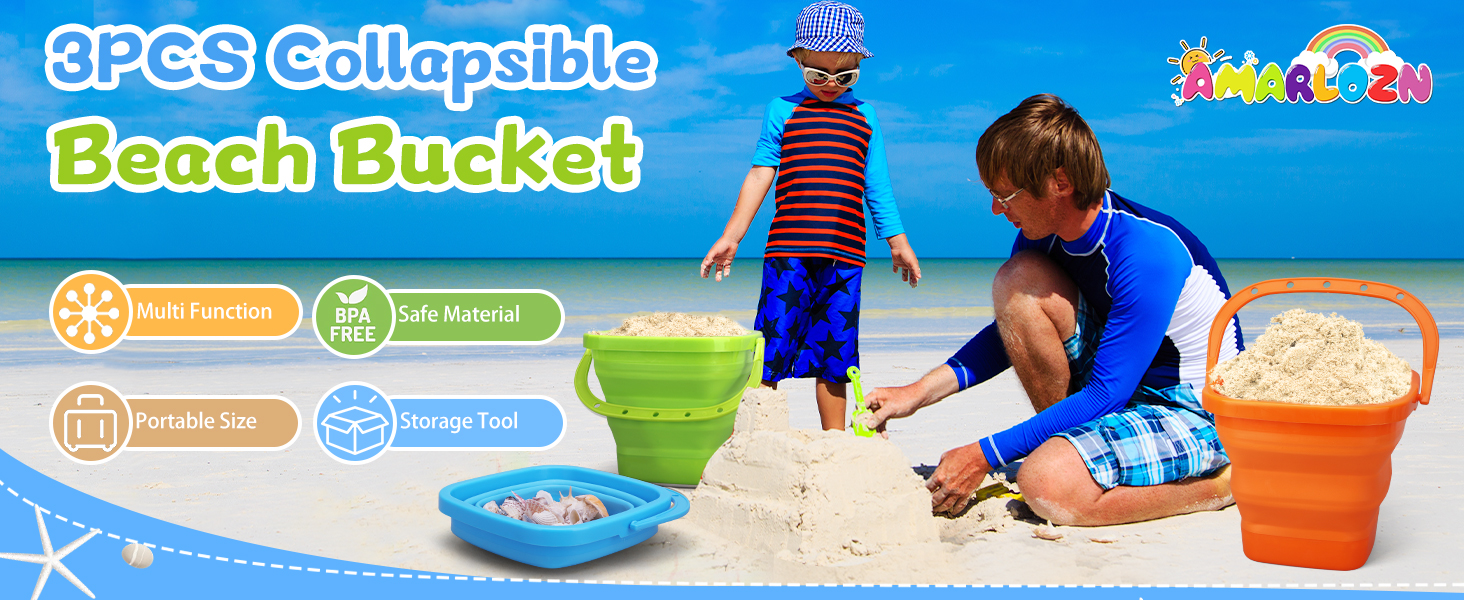 Jumbo Beach Sand Bucket Toy for Kids, 3L Collapsible Sandbox Pail, Easter Buckets, 3 Pack Tool