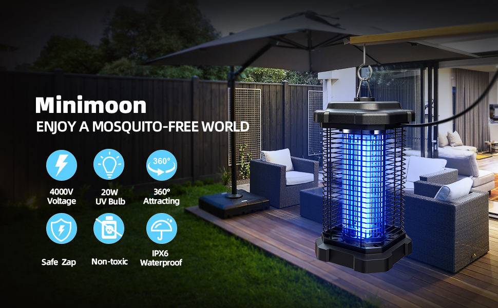 Minimoon Bug Zapper Outdoor 4000V Electric Mosquito Zapper 20w Fly Zapper for