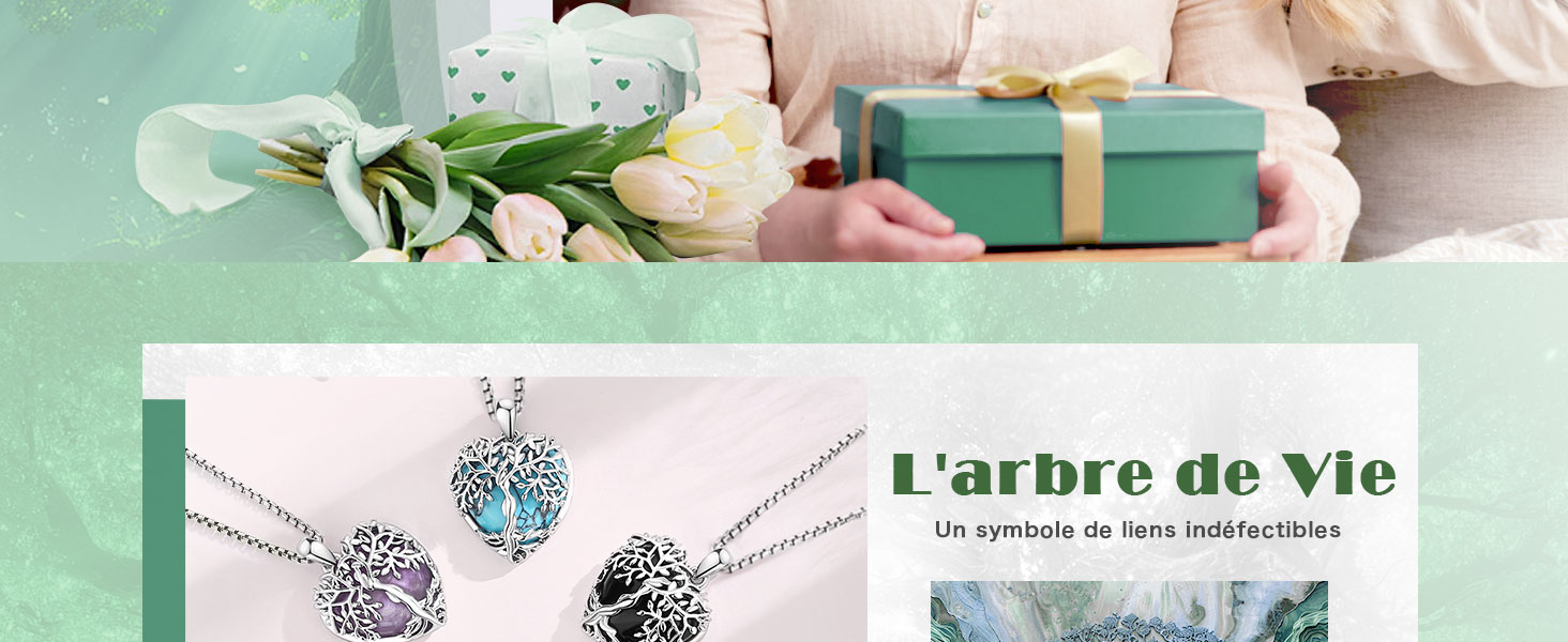 avec des motifs circulaires et des pierres précieuses colorées. Affiché sur un fond clair avec un bouquet de fleurs et une boîte-cadeau visibles.