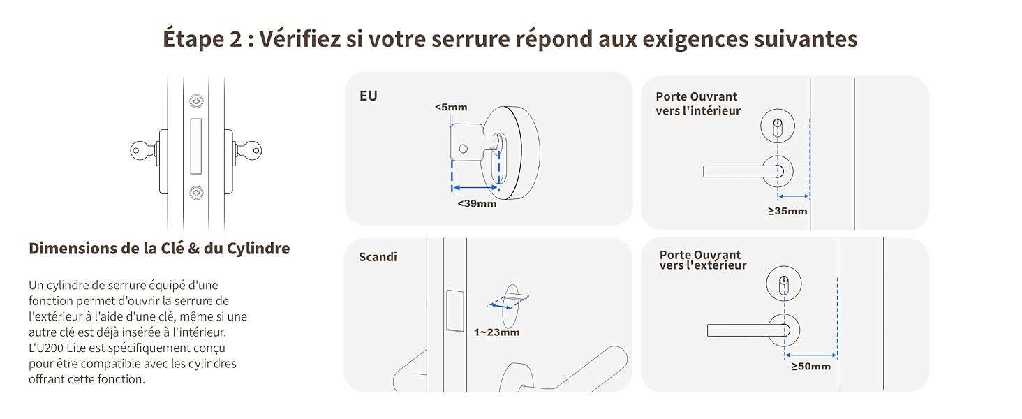 Le texte se lit comme suit : « Étape 2 : Vérifier si votre serrure répond aux exigences suivantes ». Schéma technique montrant les mesures et les spécifications d'installation des serrures de porte.