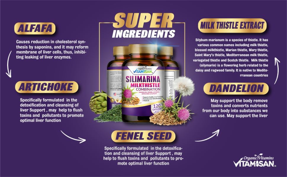 VITAMISAN Milk Thistle silimarina  Dandelion, Fennel. Licorice, Artichoke Alfalfa Detox Cleansing