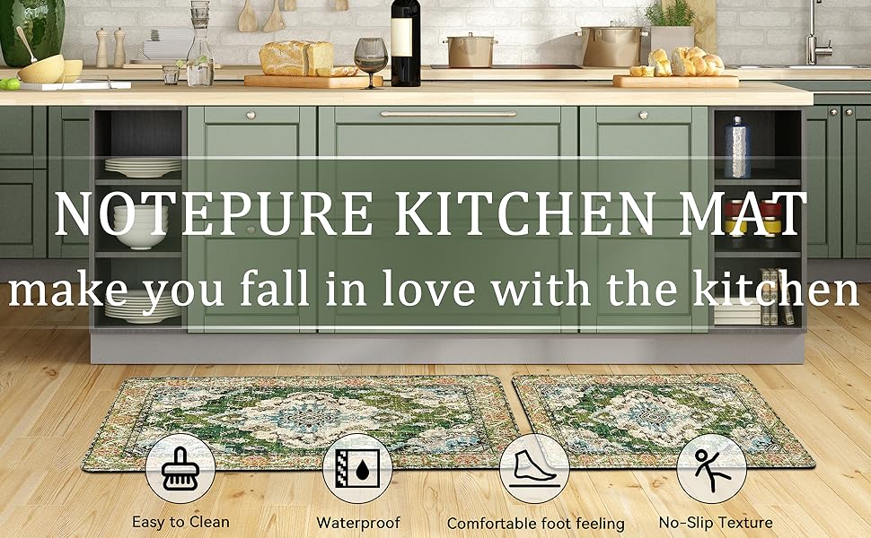 Green Boho Kitchen Rugs Mats 2 PCS Farmhouse Vintage Bohemian Cushioned Anti Fatigue