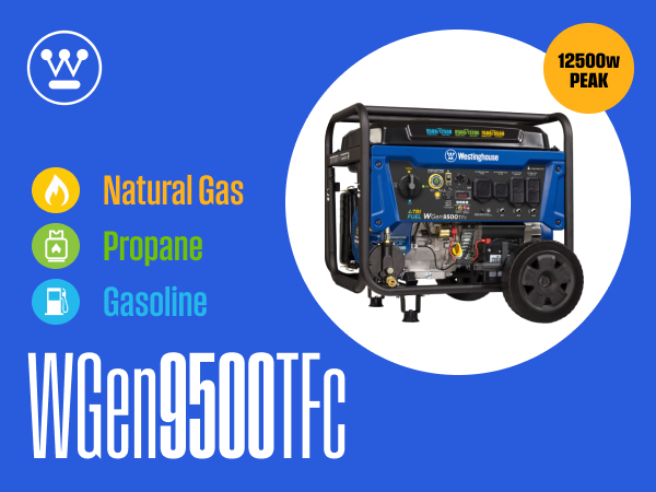 WGen9500TFc Tri-Fuel Portable Generator 12500 peak watts runs on natural gas, propane, or gasoline.