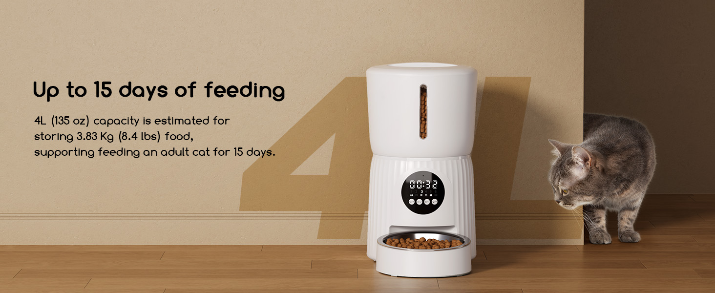 White automatic pet feeder with digital display, next to a grey cat. Text indicates '15 days of feeding' capacity.