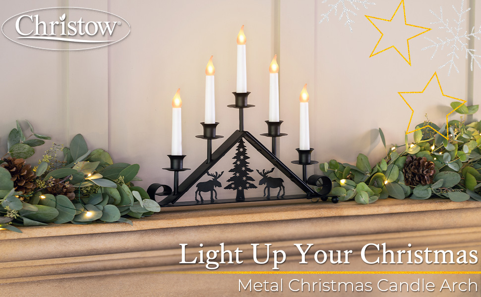 CHRISTOW Christmas Candle Arch Light Black Metal Bridge With Forest
