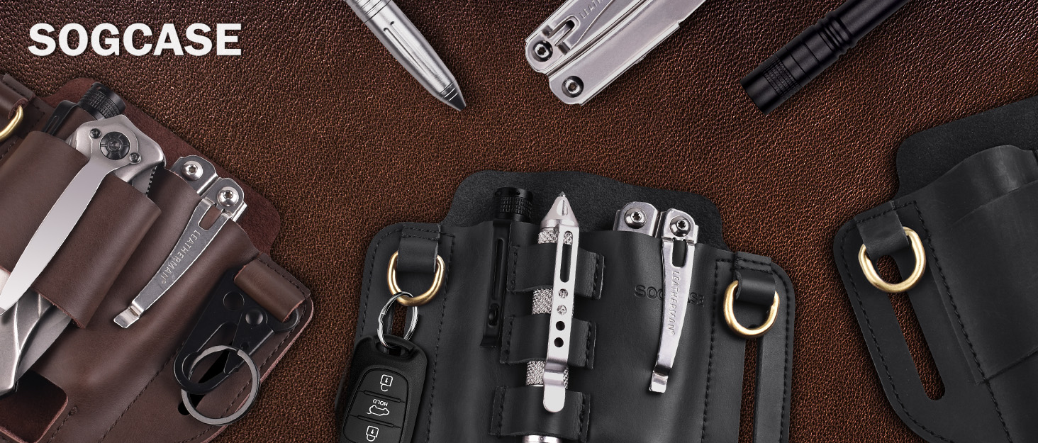 SOGCASE Leather EDC Belt Organizer, Multitool Sheath for Folded Knife