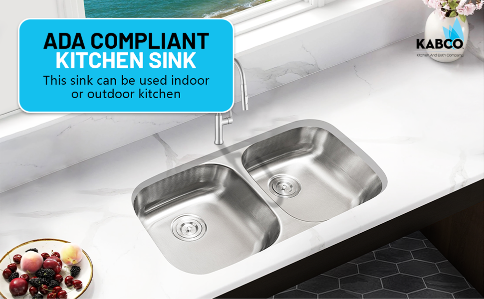 KABCO 32 Inch Double Bowl ADA Compliant Undermount Kitchen Sink, Rust Resistant, Laser Cut Sound