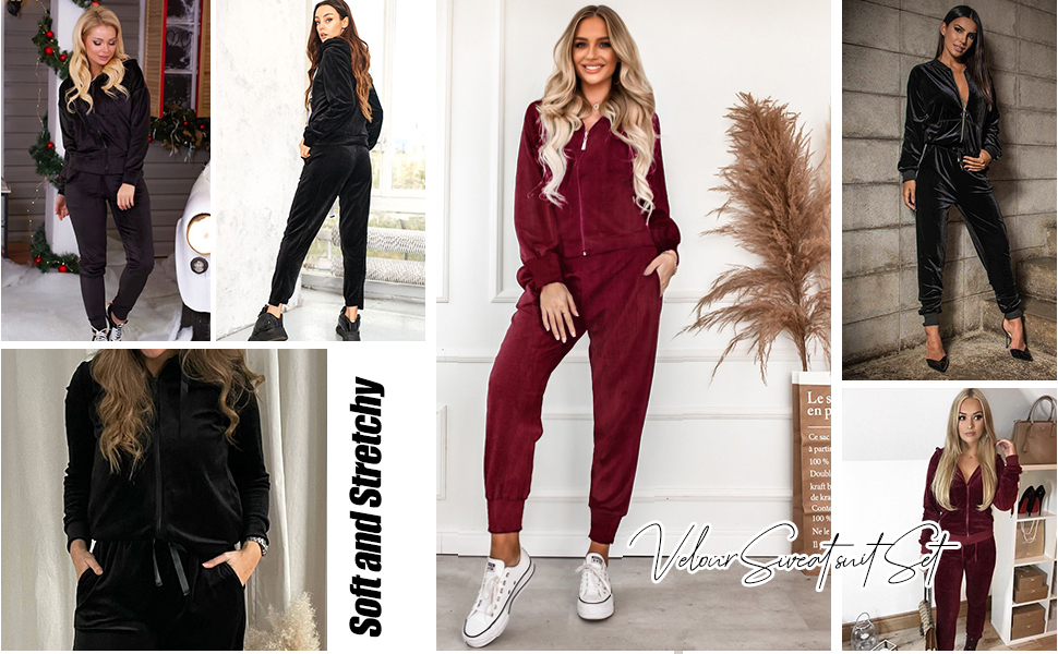 Ekouaer Women's Velour Sweatsuit Set Active Top & Bottom Sets Casaul Jogger Pants Tracksuit