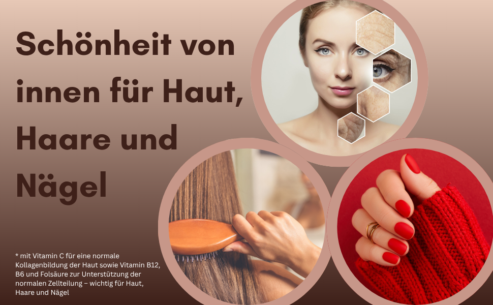 Text in German includes 'Schönheit von' and 'Nägel'. Series of beauty-related marketing images showing hands and nail care procedures in warm tones.