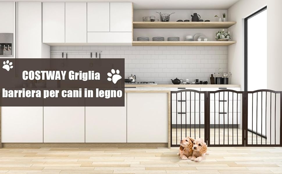 COSTWAY Cancelletto Per Cani Pieghevole E Girevole, In Legno Massello Con 3 Ante, Ideale Per Scale, Soggiorno E Cucina, (153 X 93 X 2 Cm) 13 1
