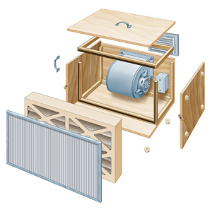 Exploded view of a bench top air scrubber with wood panel walls, and metal frame filter