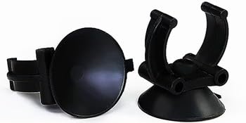 Zwei schwarze Gerätehalterungen aus Kunststoff. Ein kreisförmiger Halter mit verstellbarem Arm, der andere eine Halterung im Klemmenstil mit