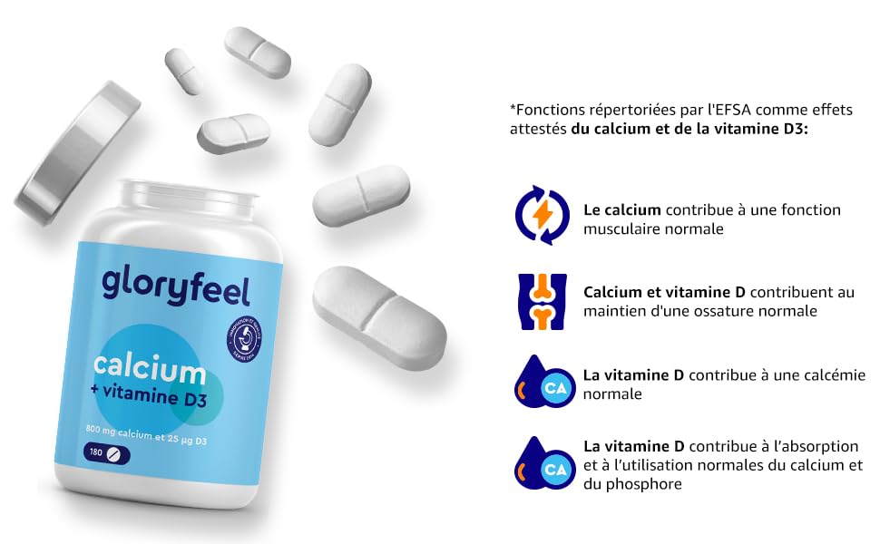 avec capsules blanches. Le texte français décrit les bienfaits pour la santé des muscles et des os et mentionne la vitamine D3.