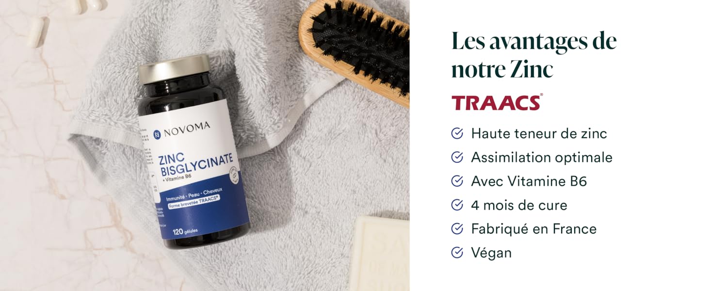 NOVOMA Zinc Bisglycinate 15 mg + Vitamine B6, 120 Gélules, Zinc breveté