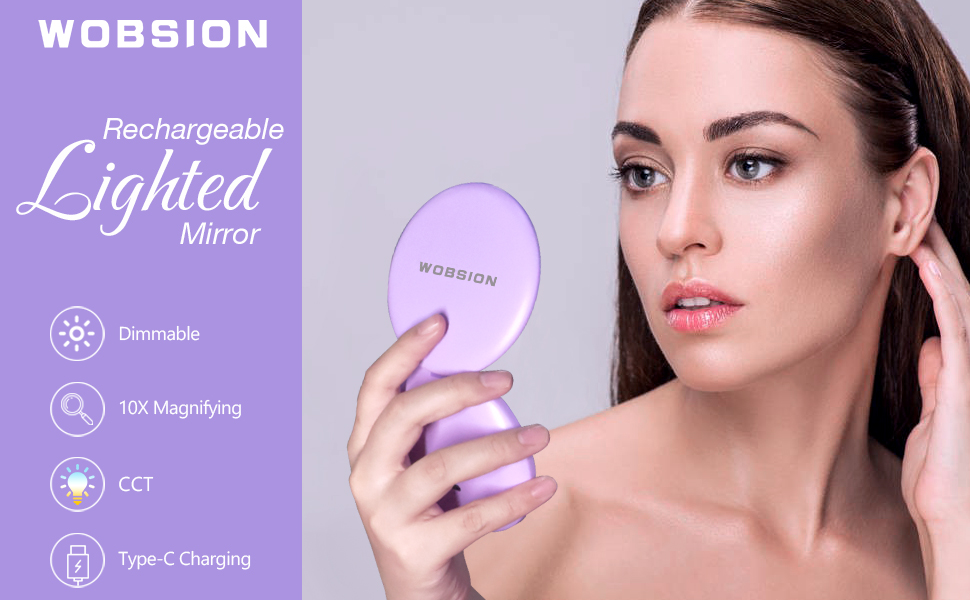 wobsion Rechargeable Led Travel Mirror, 1x/10x Magnification Compact Mirror with