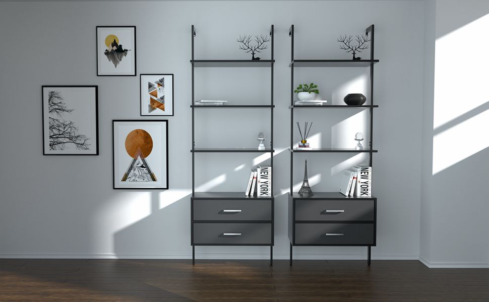 KEVINSPACE Wall Mounted Ladder Shelf, 4 Tier Ladder Bookshelf with 2 Drawers, Modern