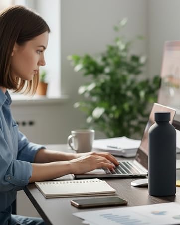 Insulated tumbler flask image with feature icons for insulation, grip, and portability