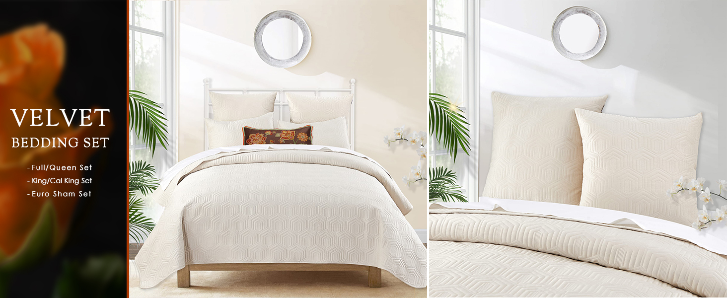 Querencia Luxury Velvet Quilt Set King Size Ivory White