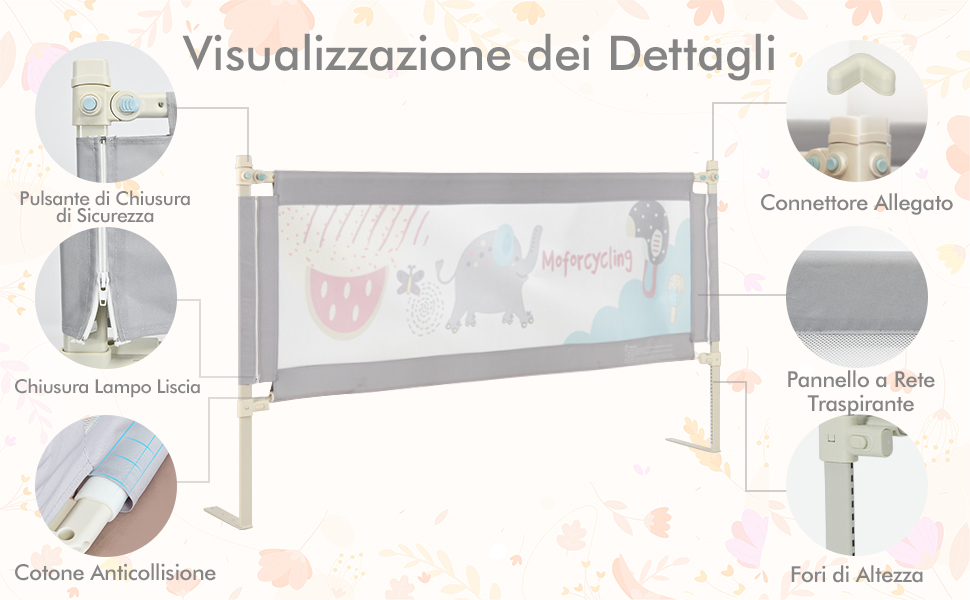 COSTWAY Barriera Letto Per Bambini, Sponda Di Sicurezza Con Doppio Blocco Di Sicurezza Per Bambini, Con Sollevamento Verticale, Lunghezza 174 Cm (Grigio) 14 4