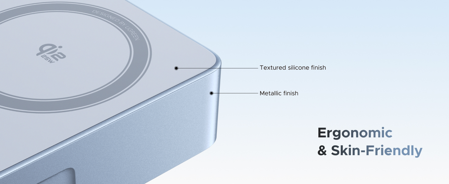 Text reads 'ergonomic & Skin-Friendly'. Technical diagram showing detailed measurements and specifications for what appears to be a curved product design with measurement annotations.