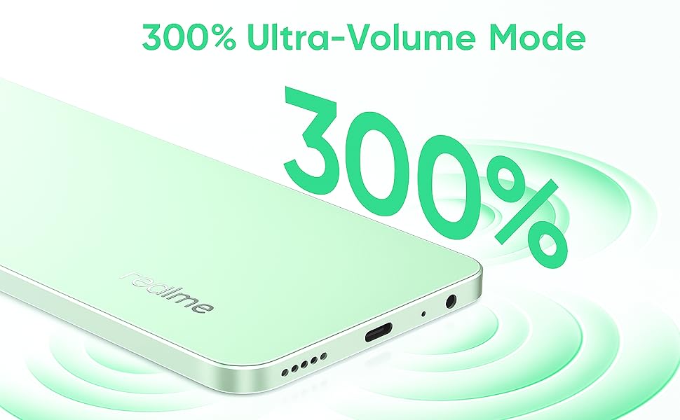 realme C73 5G highlighting 300% Ultra-Volume Mode, bottom speaker grill, USB-C and 3.5mm jack view