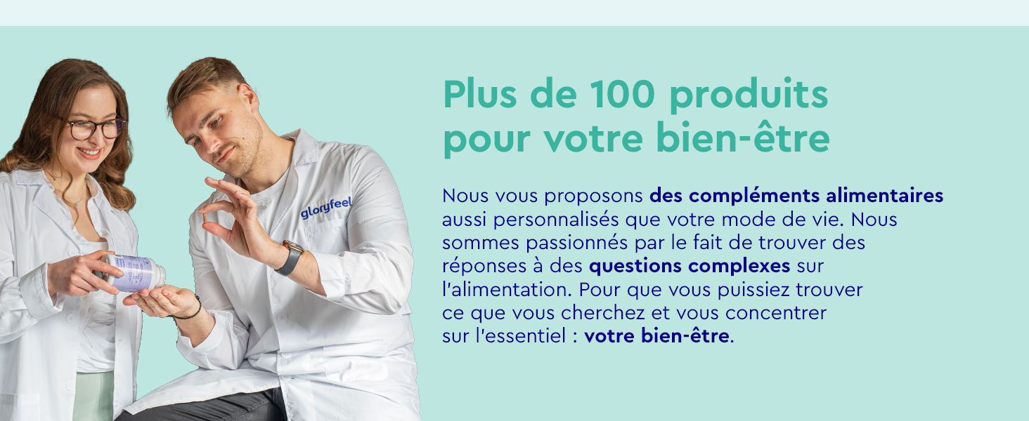 Publicité de produits de santé professionnels en français mettant en avant plus de 100 produits de bien-être, sur fond vert menthe