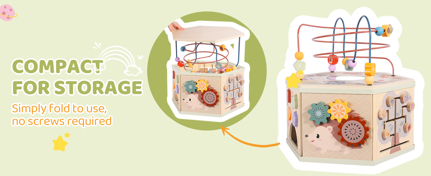 When you flip the lid of the baby activity cube, it also turns into a storage box.