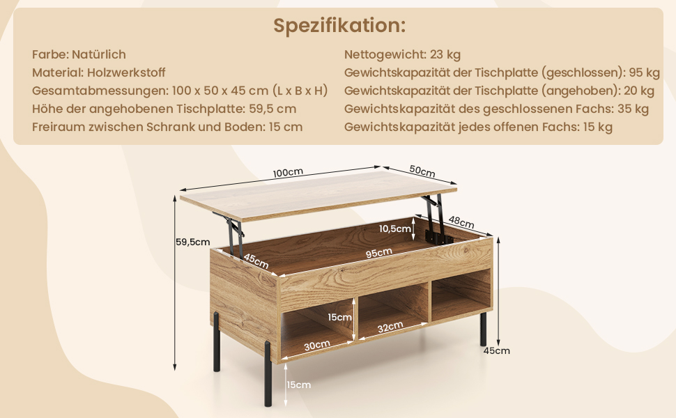 COSTWAY Coffee Table Height Adjustable, Side Table with Liftable Top & 3 Open Compartments
