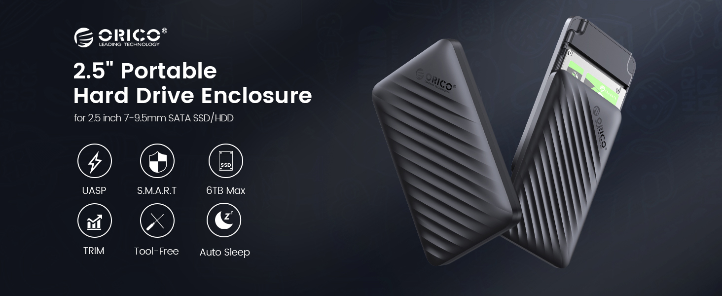 ORICO 2.5" Hard Drive Enclosure USB C to SATA III for 2.5 Inch SSD & HDD 9.5mm 7mm