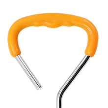 Orange plastic handle with wavy grip attached to a metal rod. One end of the rod is straight, the other curved, forming a hook-like shape.