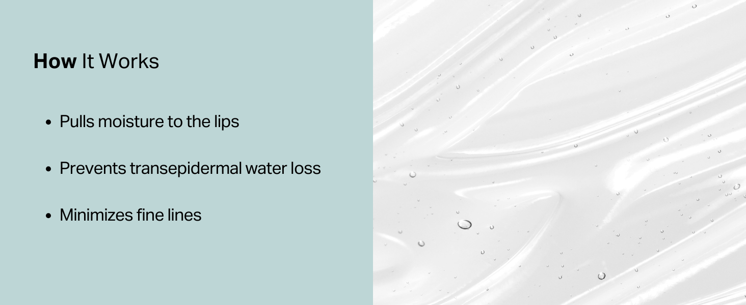 Pulls moisture to the lips Prevents transepidermal water loss Minimizes fine lines 
