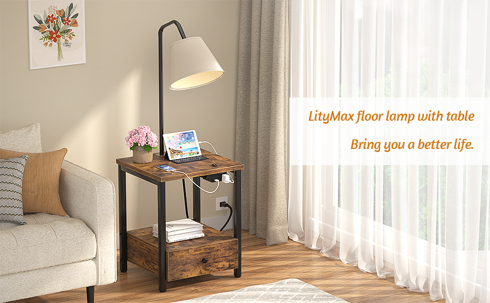 LityMax Bedside Nightstand with Lamp Attached, Rustic End