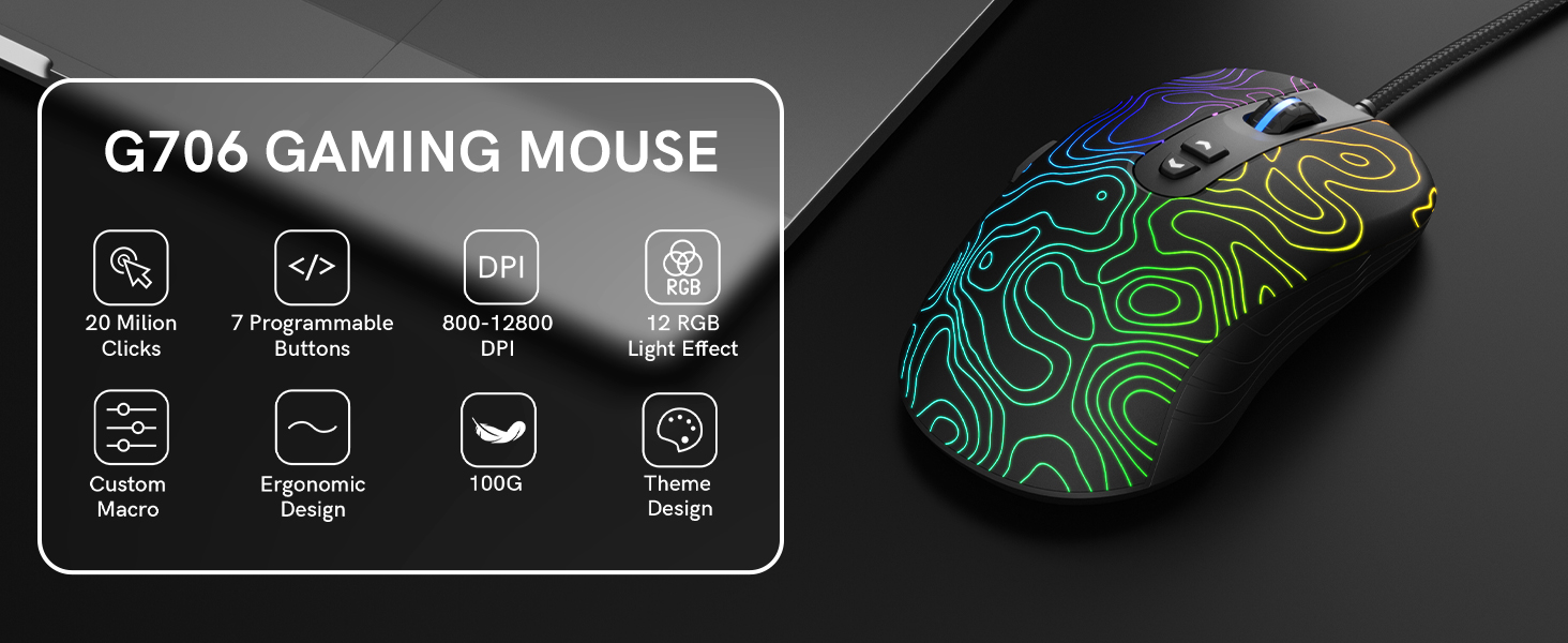 Black Wired Gaming Mouse, 12000 DPI RGB Gaming Mouse with 7 Lighting Effects, PC Gaming Mice