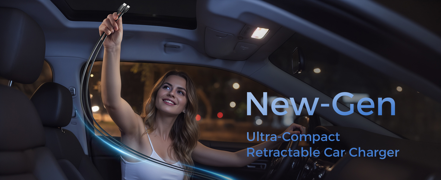 Ultra-compact retractable car charger with LED lighting, shown extended inside a vehicle at night. Flexible design allows easy reach to backseat passengers.