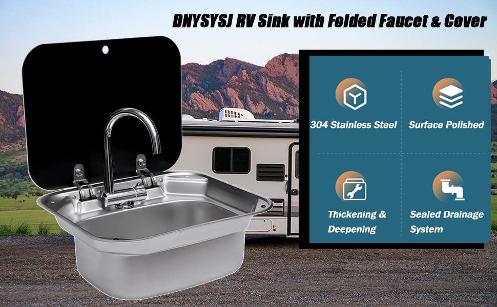 DNYSYSJ RV Sink with Folded Faucet & Cover, Single Bowl Dropin Hand