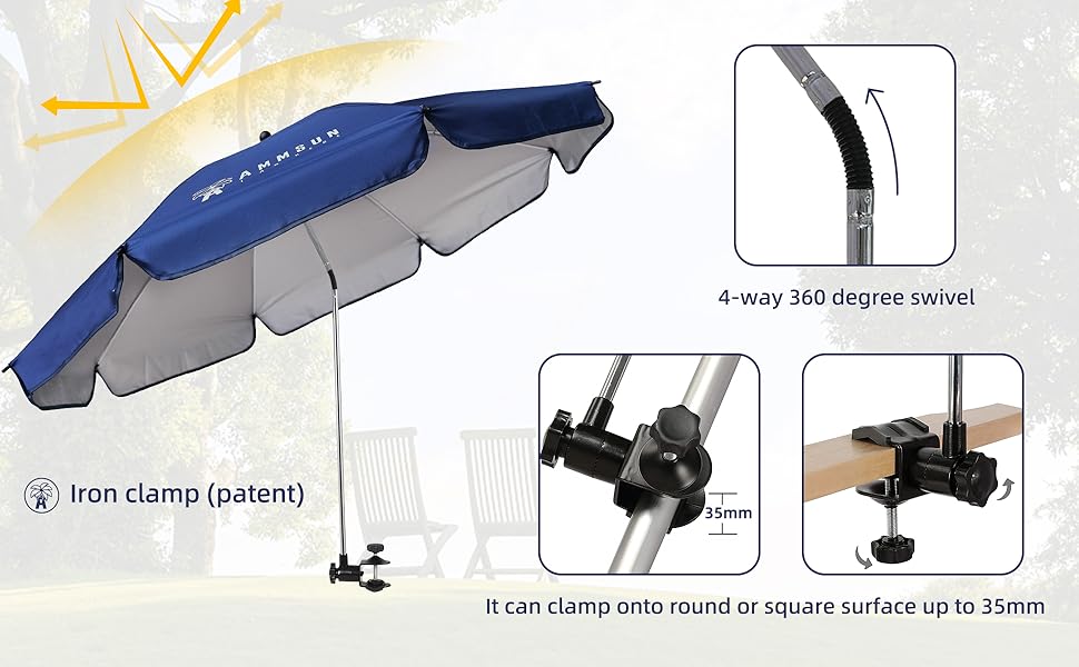 AMMSUN Chair Umbrella with Universal Clamp 43 inches and 360degree Swivel UPF 50