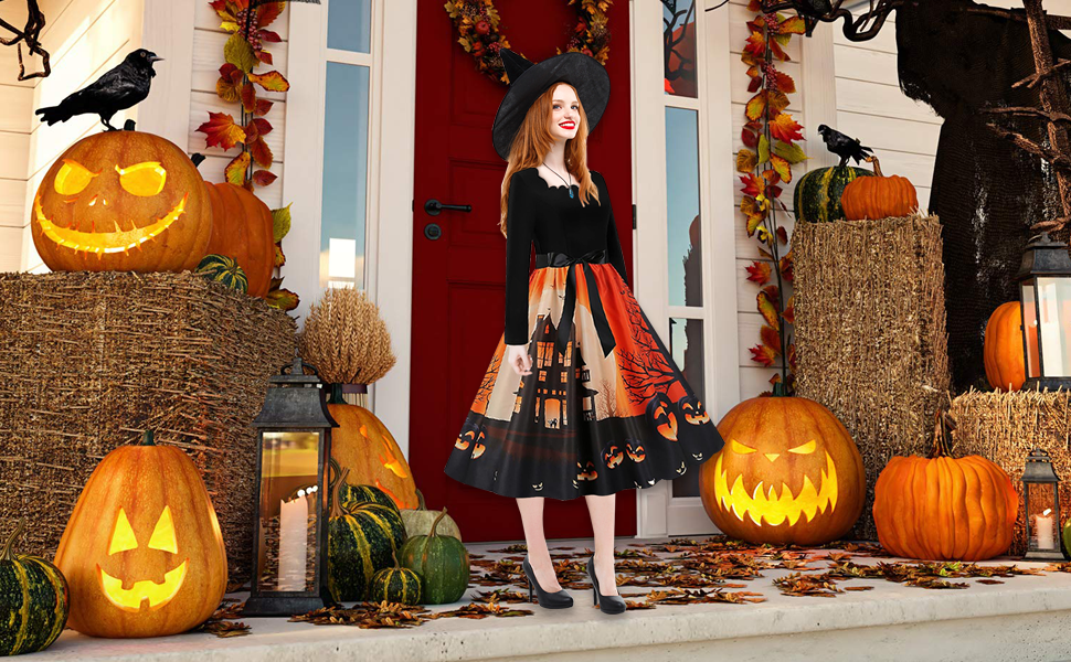 Halloween Dresses Women Pumpkin Costume Womens Long Sleeve