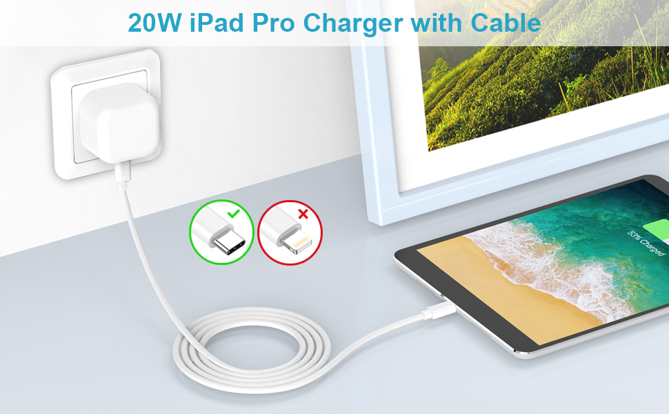 iPad Charger and Plug, 20W iPad Pro Charger Plug and Cable 2M, USB C Charger Plug iPad Air