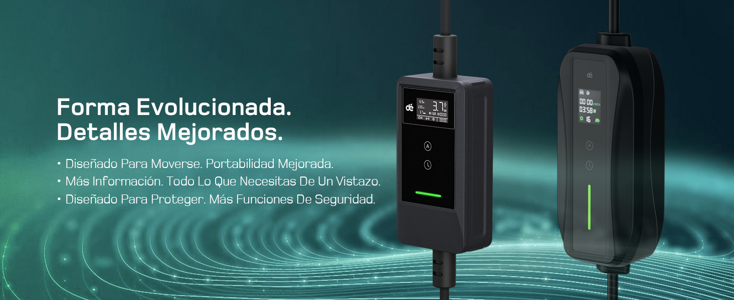 El texto dice «Espera Evolutivamente, Detalles Mejorados». La imagen del producto muestra dos dispositivos electrónicos negros sobre un fondo verde azulado con patrones de ondas.