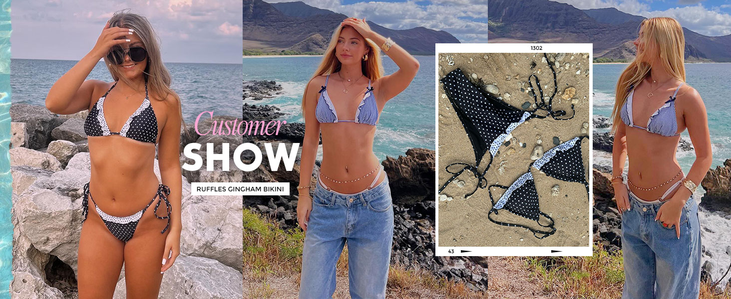 ZAFUL Women's Chic Triangle Spaghetti Straps Tie Side Bikini Swimsuit