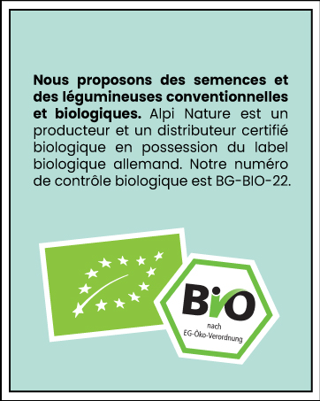 avec le logo biologique vert de l'UE et le label bio, avec un texte en français sur les semences conventionnelles et biologiques.
