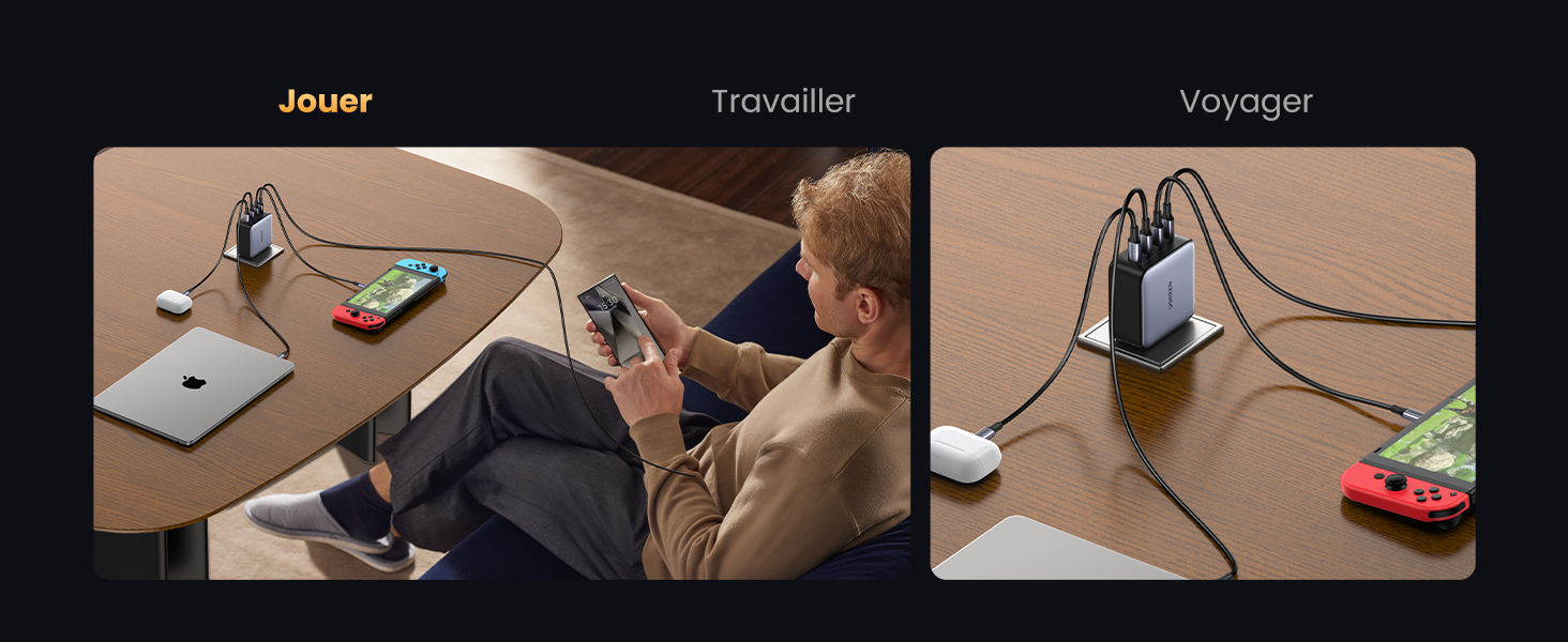 Démonstration en trois panneaux de l'utilisation des chargeurs portables, montrant la configuration de l'ordinateur de bureau avec les appareils et les câbles connectés