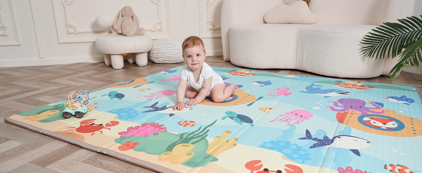 Reversible and Non-Toxic Thick Foldable Waterproof Foam Baby Play Mat 200x180x1,5cm. Floor Mat