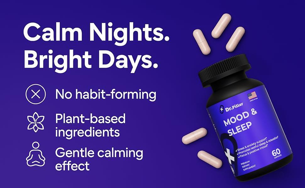 Mood & Sleep capsules for stress relief and better sleep, plant-based, non-habit forming, 60 count.