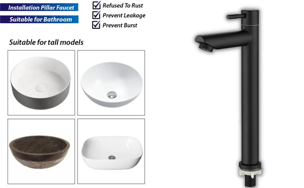 Nirant Pillar Wash Basin Taps 12 Inch Gold Handle & Black Matt Finish