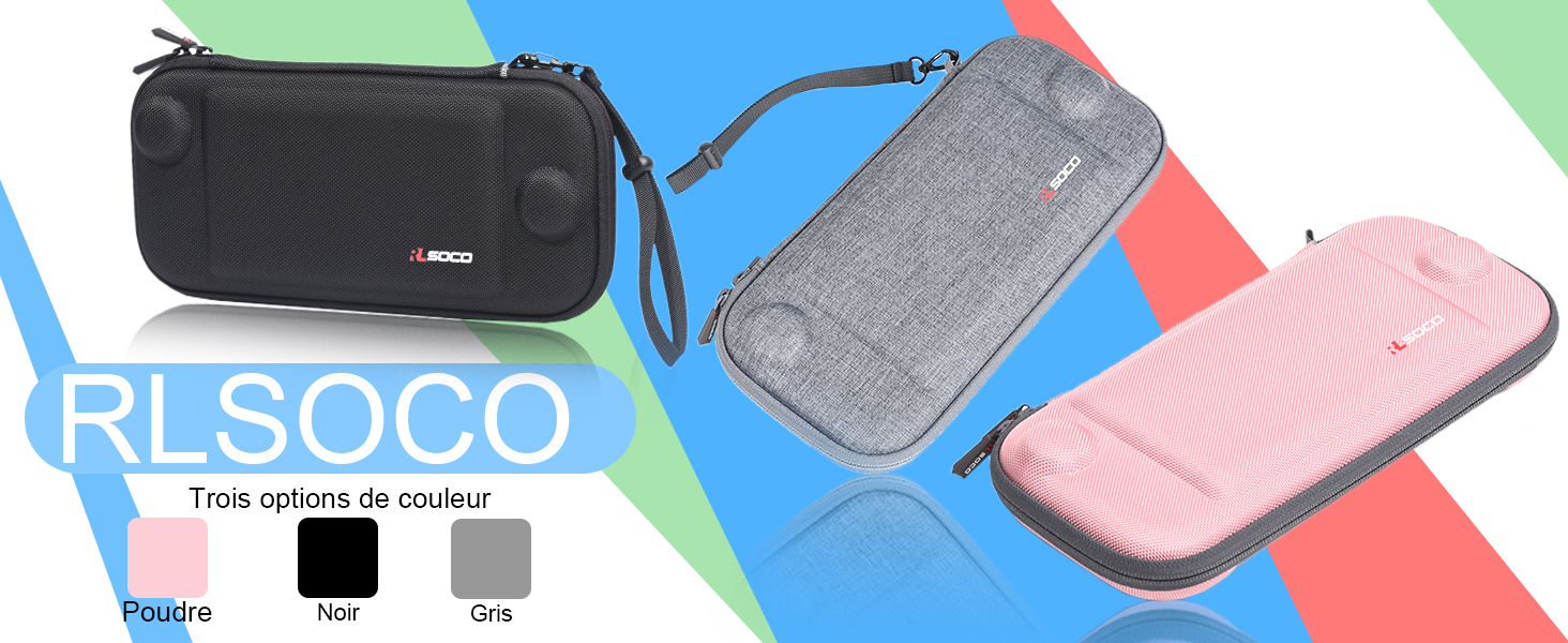 Le texte indique « PLSOCO ». Collection d'étuis ou de supports électroniques portables de couleurs gris, noir et rose affichés ensemble.