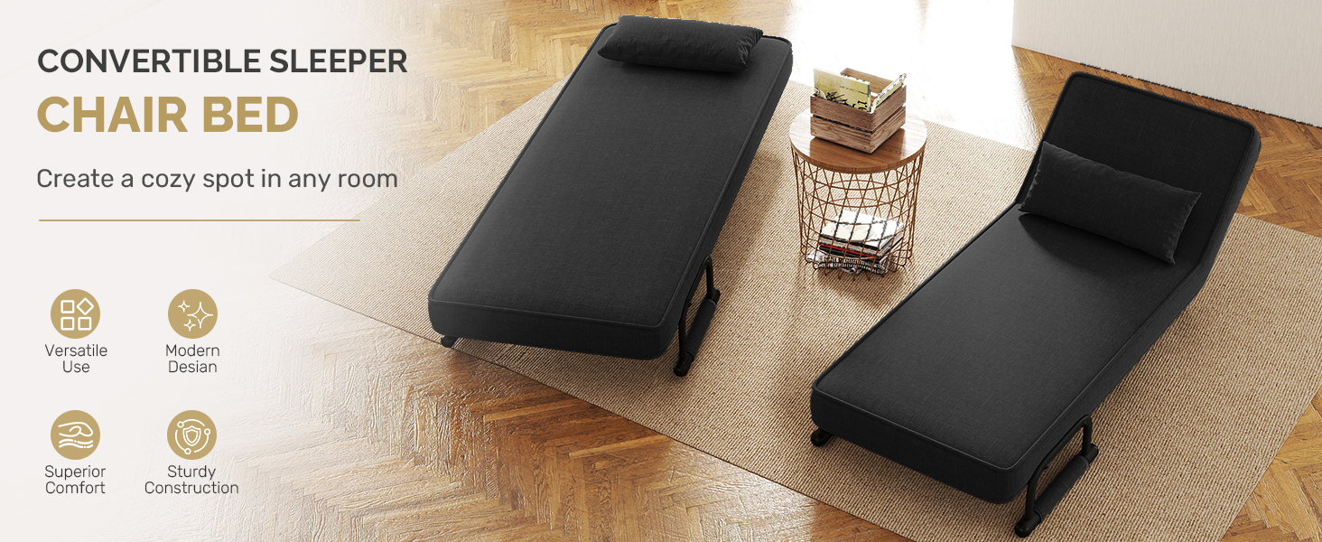Der Text lautet: „KONVERTIERBARES SCHLAFSESSELBETT“. Das Produkt zeigt einen schwarzen zusammenklappbaren Stuhl/Bett mit mehreren Konfigurationssymbolen, die auf Vielseitigkeit hinweisen.